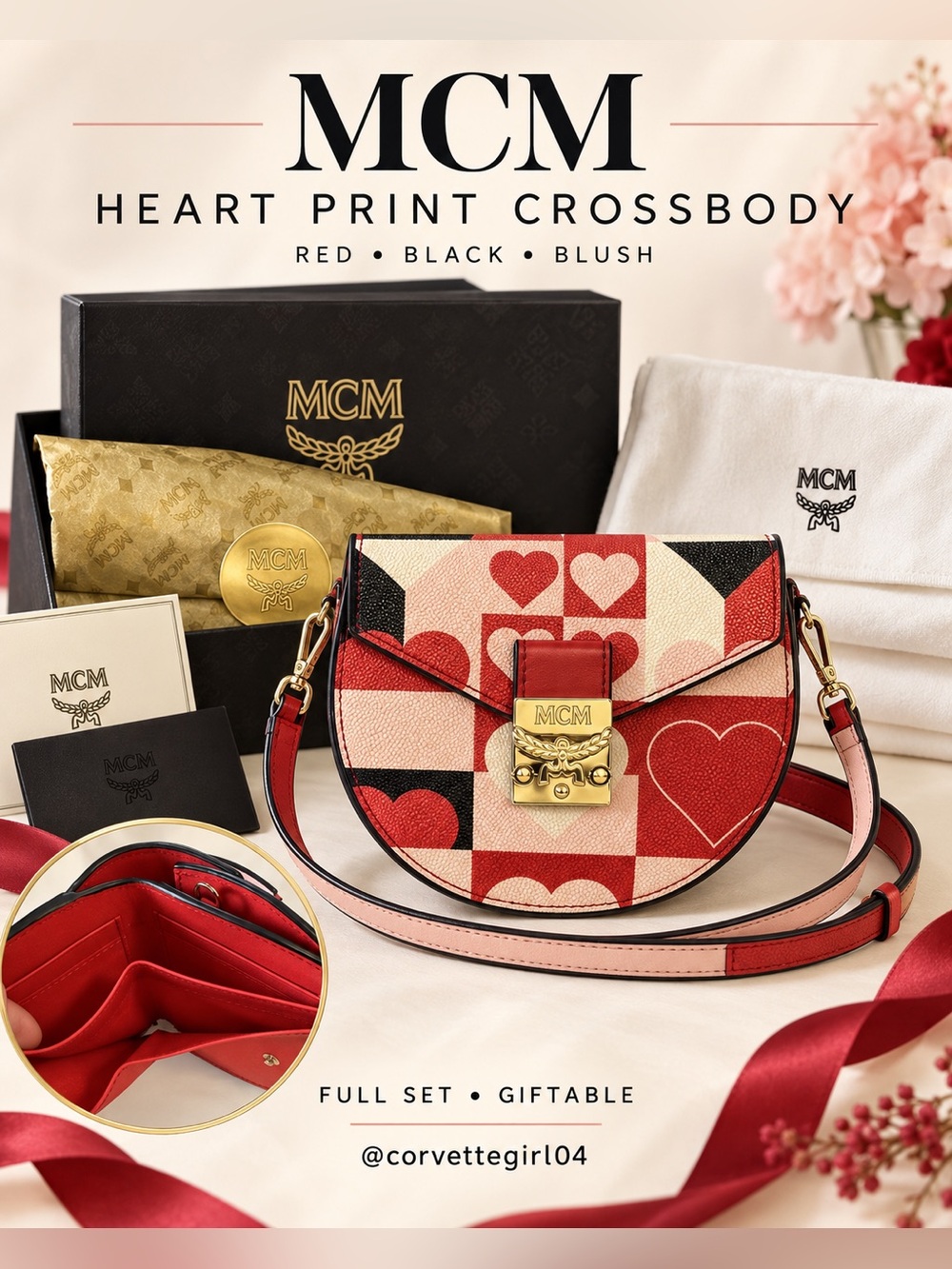 Authentic MCM Red and Black Heart Pattern Women's Bag Full Inclusion, Giftable.